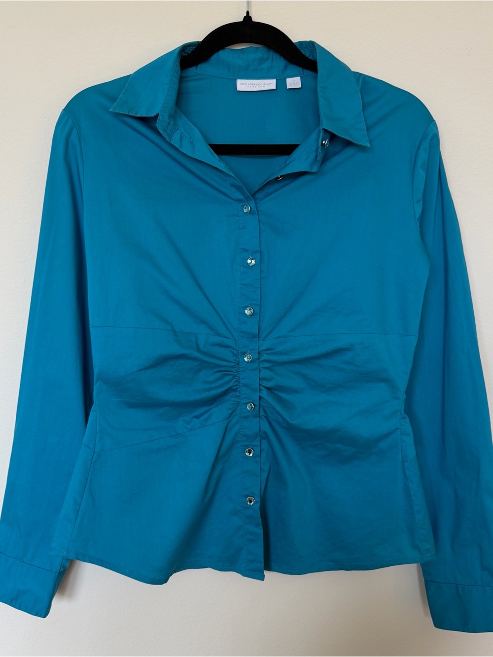 Y2K NY&Co Teal Ruched Fitted Button Down Blouse Medium